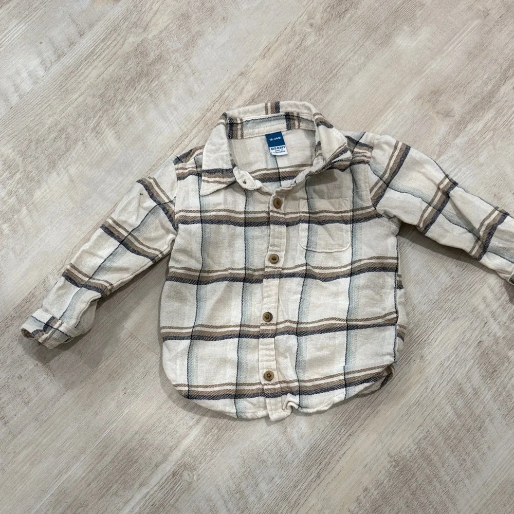 Old Navy Kids Button Down Shirt - Cream and Brown Plaid